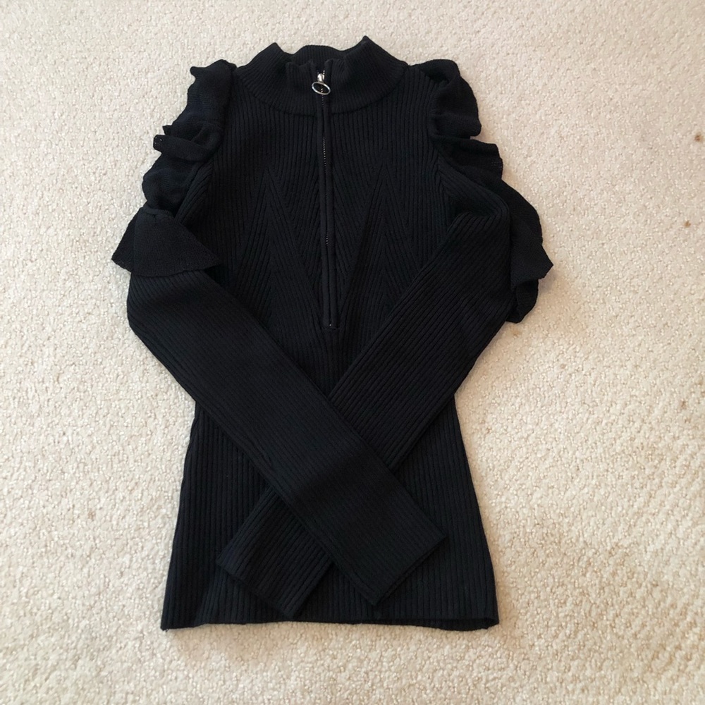 Half Zip Cold Shoulder with Ruffle Sweater - Picture 2 of 3